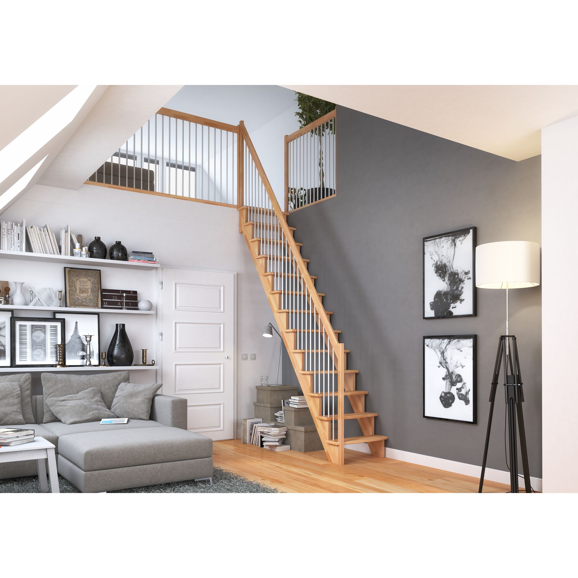 Holztreppe mit Metallgeländer im Wohnzimmer