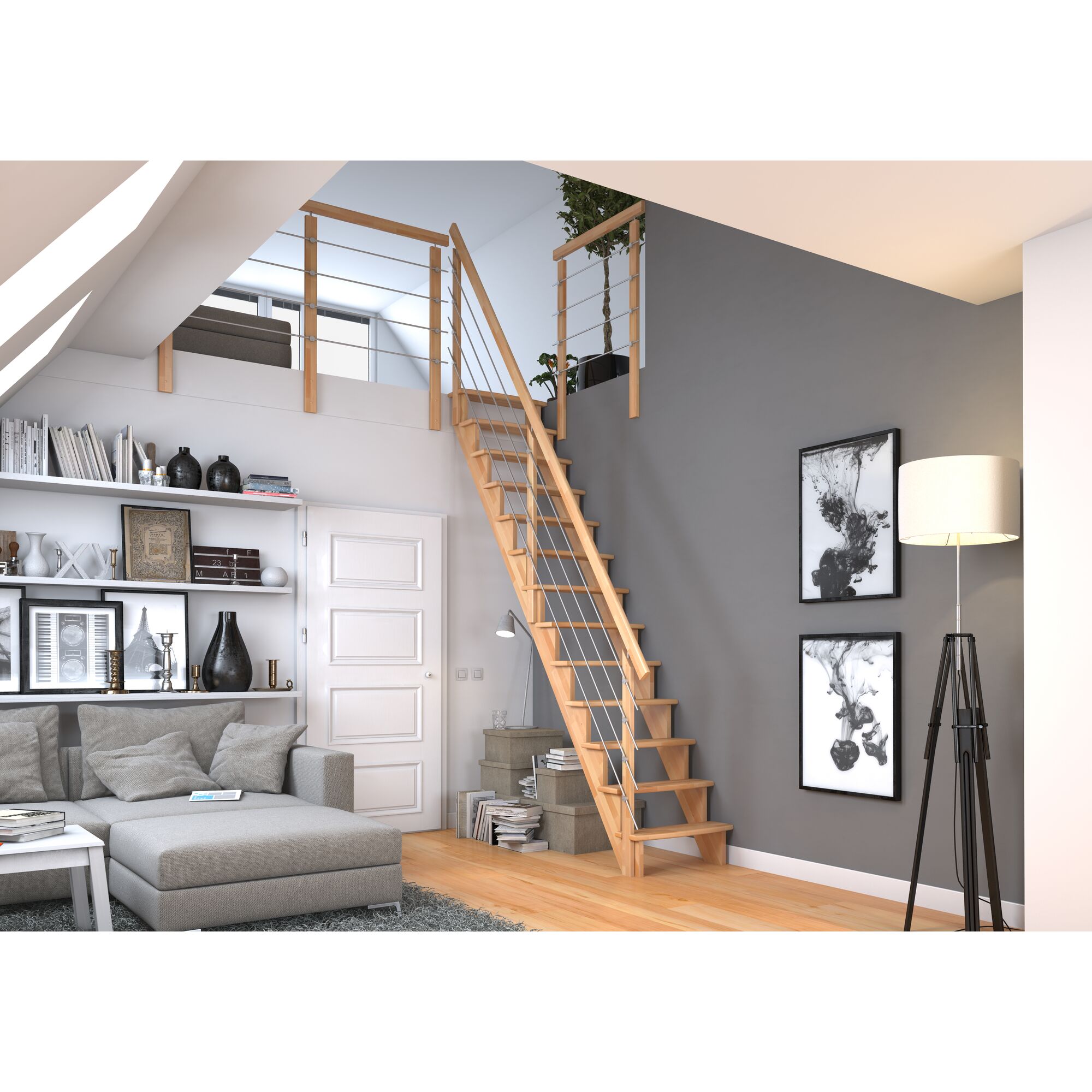 Holztreppe mit Edelstahlgeländer in Wohnraum