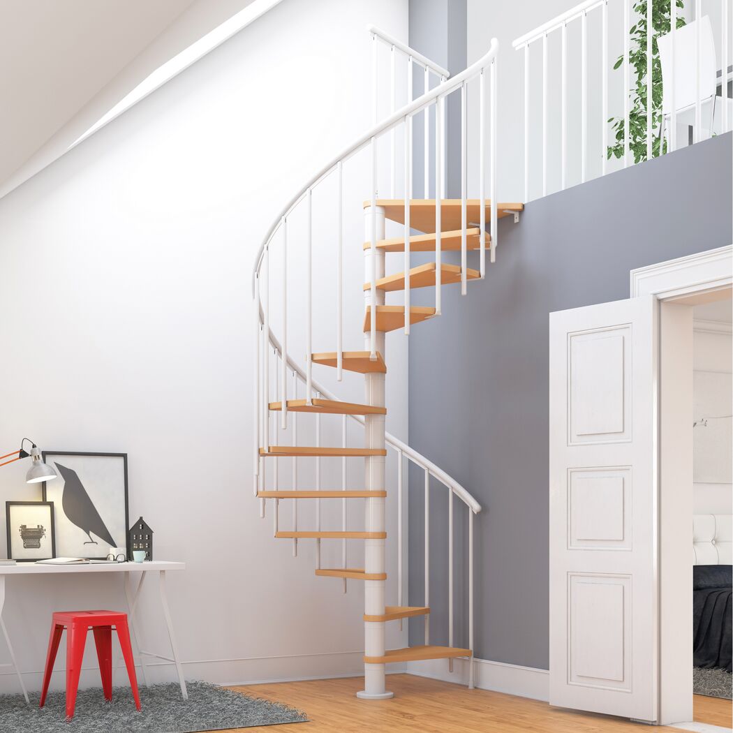 Weiße Spindeltreppe MONTREAL mit Holzstufen