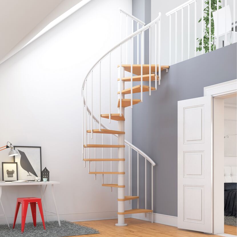 Weiße Spindeltreppe MONTREAL mit Holzstufen