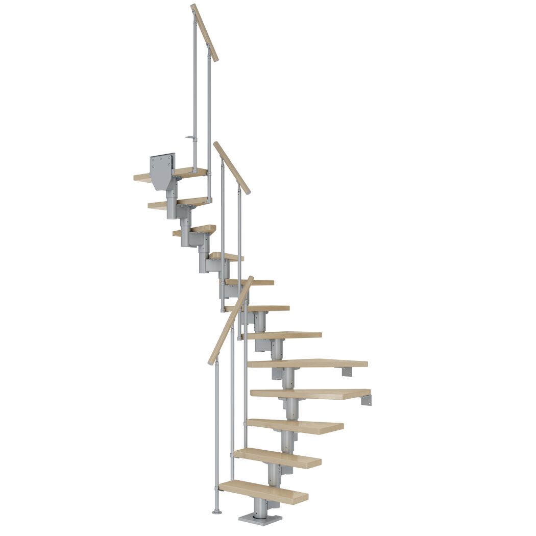 Mittelholmtreppe 'Dublin' ahornfarbend/perlgrau 1/2 gewendelt, Einzelstabgeländer 12 Stufen