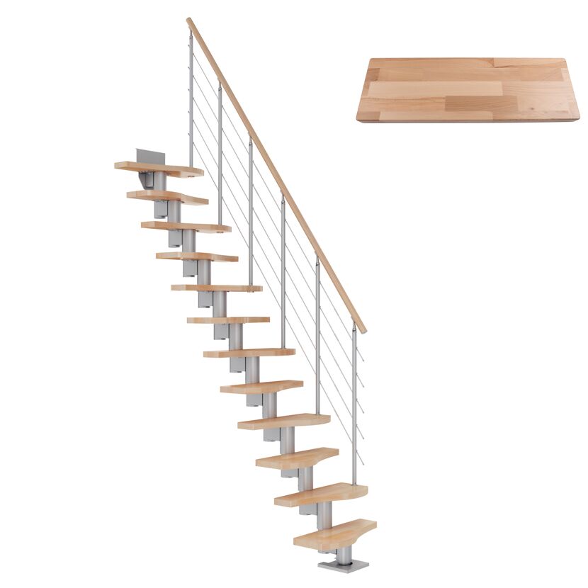Mittelholmtreppe 'Dublin' buchefarbend/perlgrau wendelbar, Einzelstabgeländer 12 Stufen