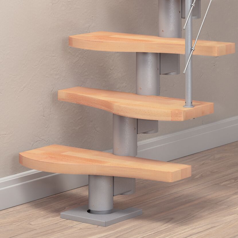 Mittelholmtreppe 'Basel' buchefarbend/perlgrau gerade, Edelstahlgeländer 11 Stufen