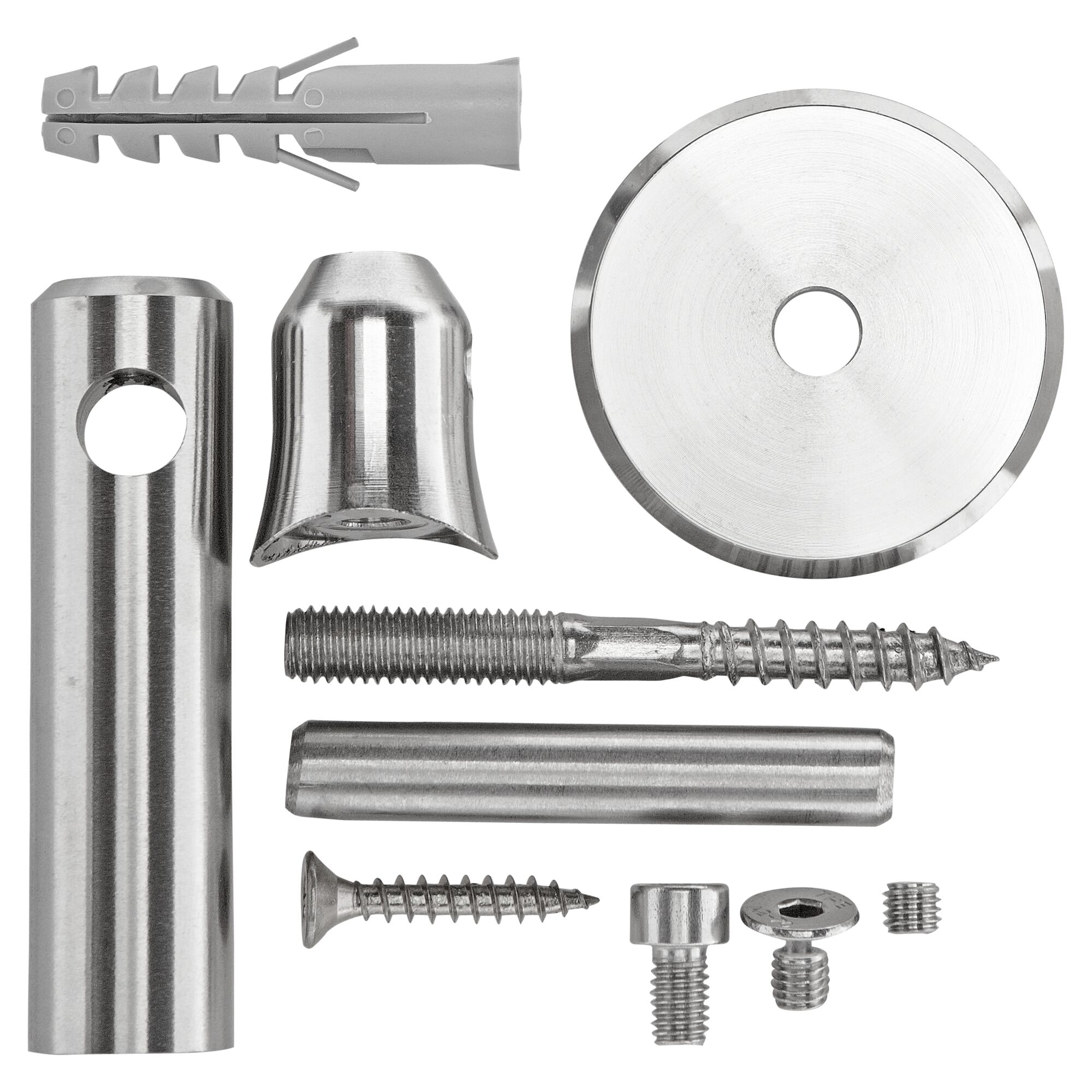 Einzelteile eines Wandhalter-Sets aus Edelstahl