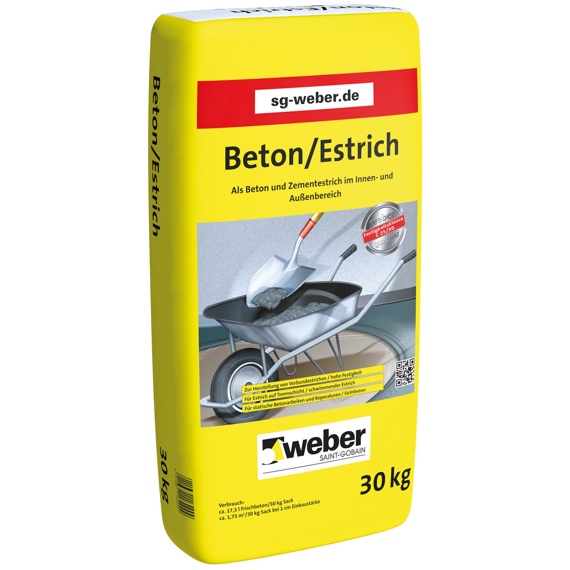 Sack Betonestrich und Schaufel in Schubkarre