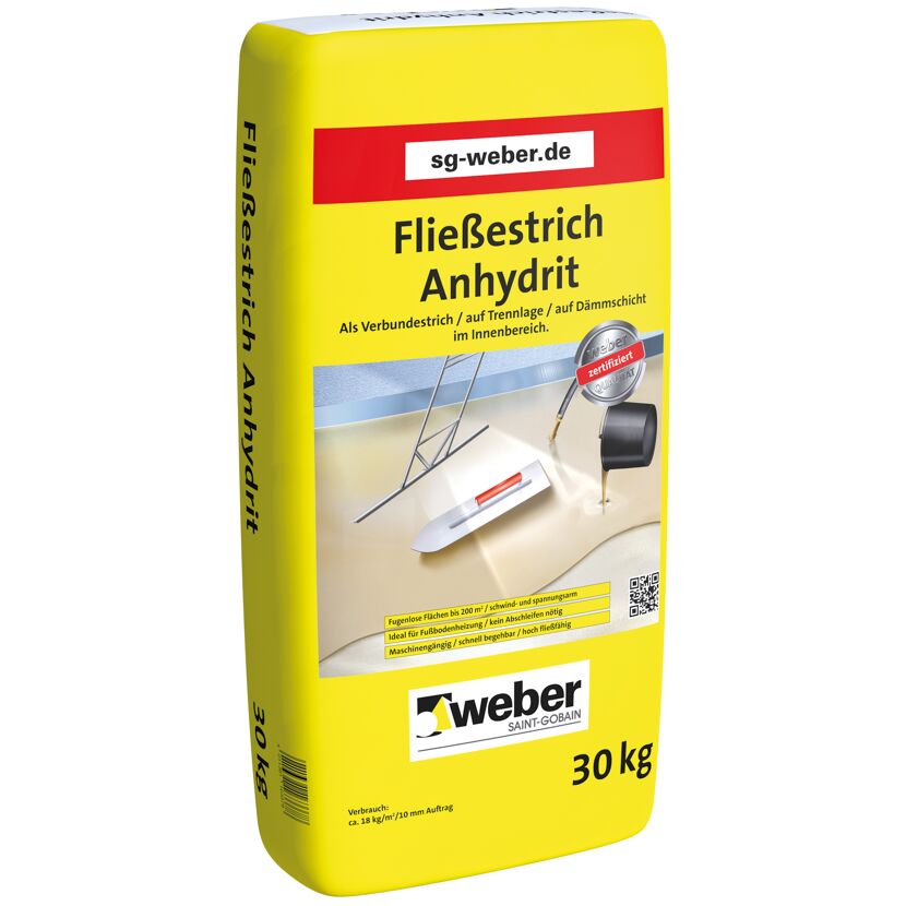 Sack mit Weber Fließestrich Anhydrit, Kelle und Eimer