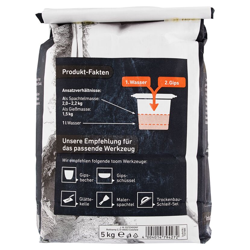 Rückseite eines 5-kg-Beutels toom Modellgips