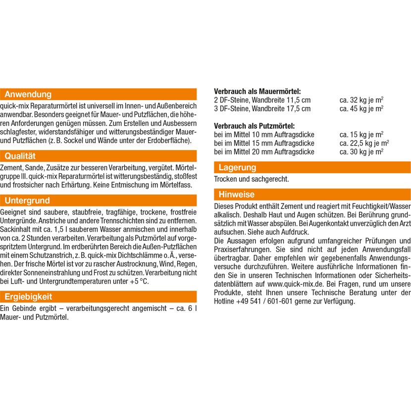 Produktinformation quick-mix Reparaturmörtel