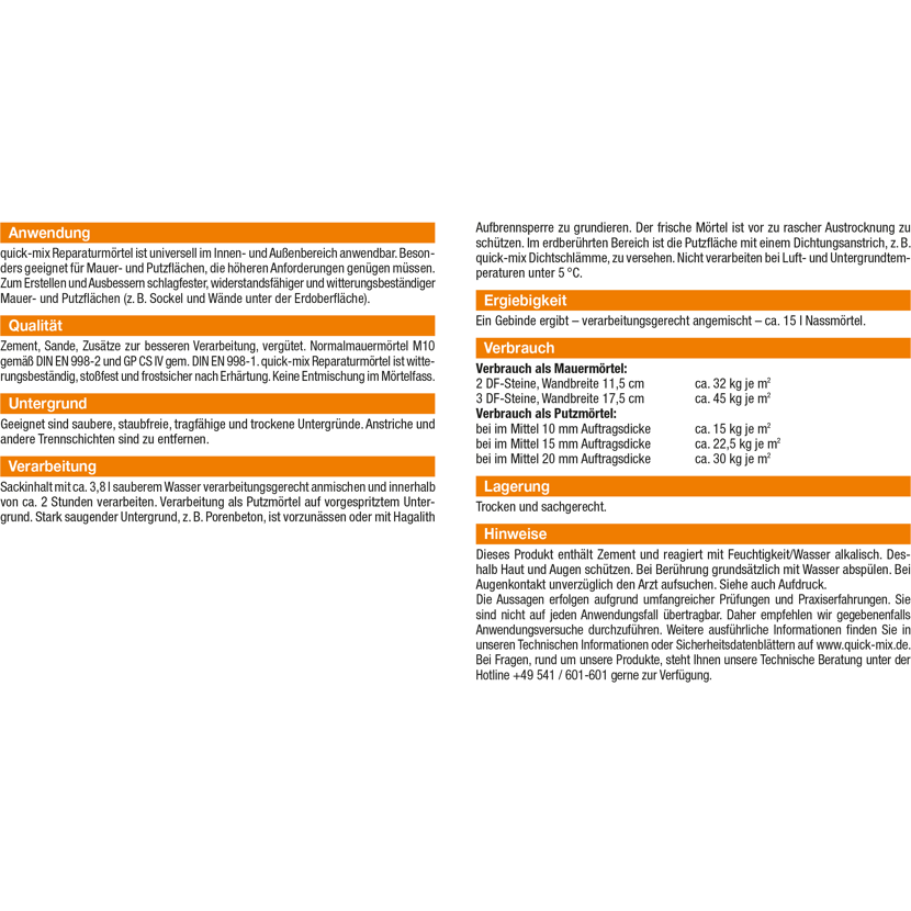 Produktinformation quick-mix Reparaturmörtel