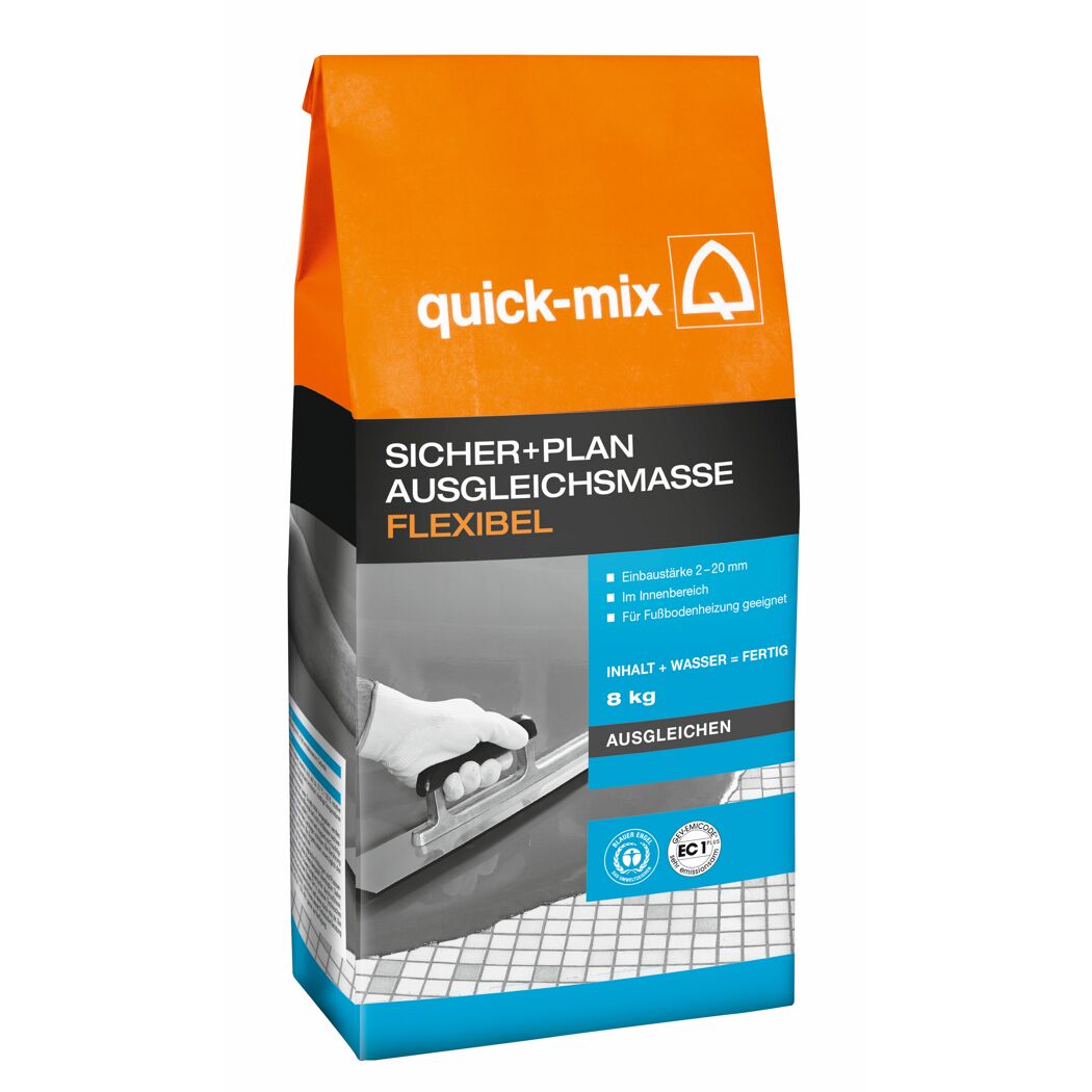 Quick-Mix Sicher + Plan Ausgleichsmasse Flexibel 8 kg, Person trägt Masse mit Kelle auf