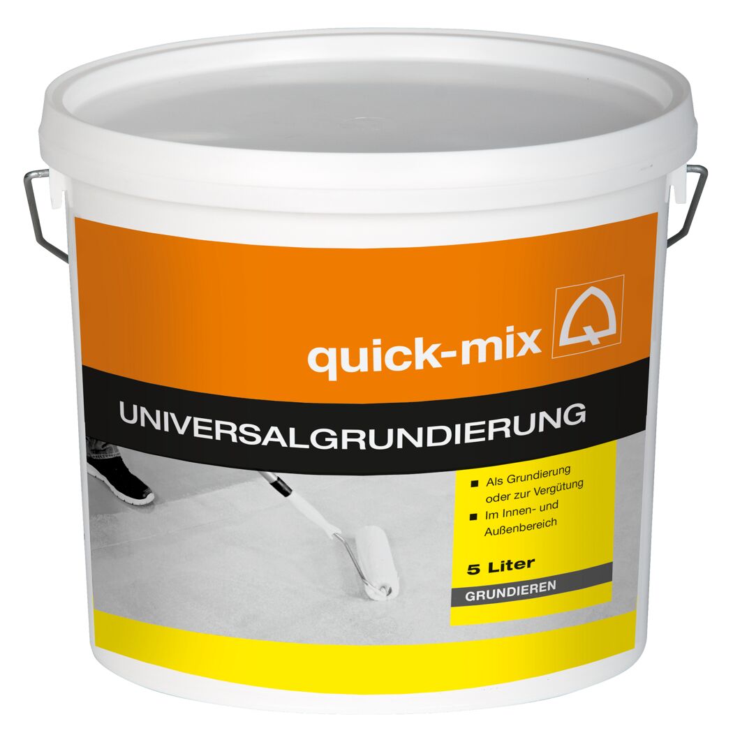 Weißer Eimer quick-mix Universalgrundierung mit Farbrolle
