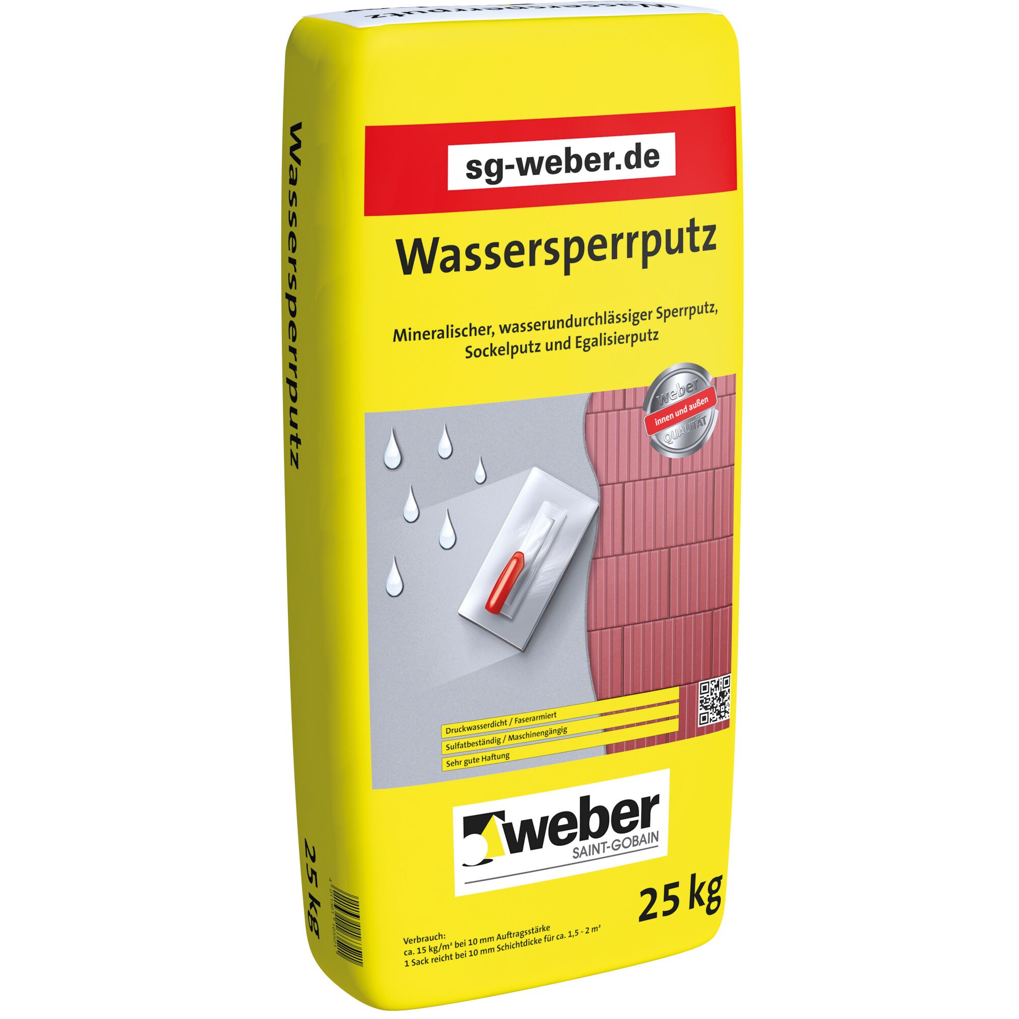Sack mit Weber Wassersperrputz, 25 kg, Tragehilfe, Kelle