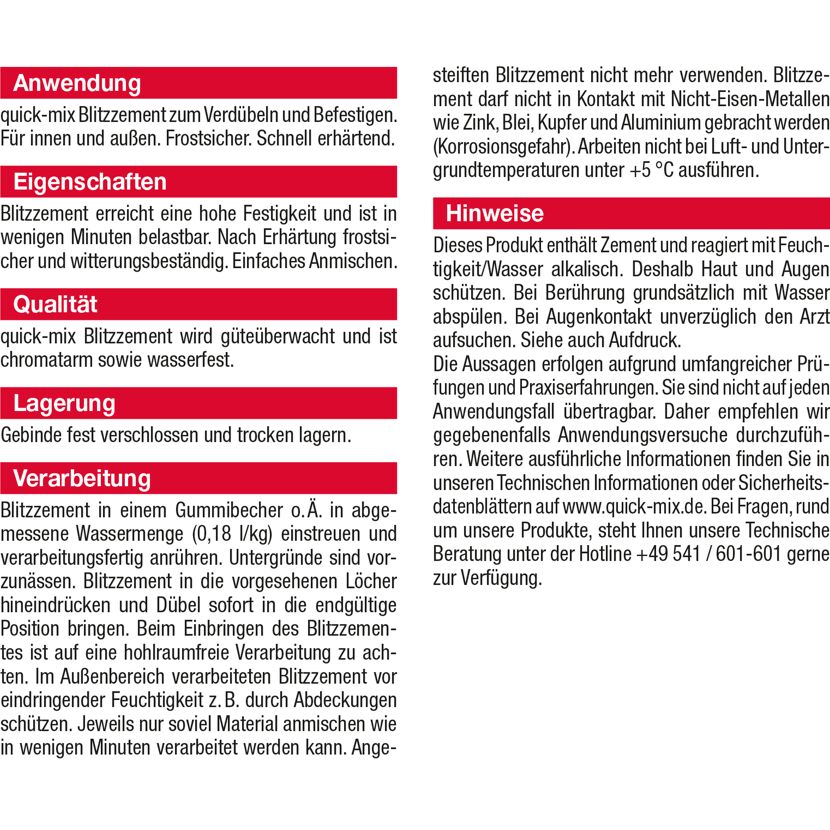 Gebrauchsanweisung für quick-mix Blitzzement