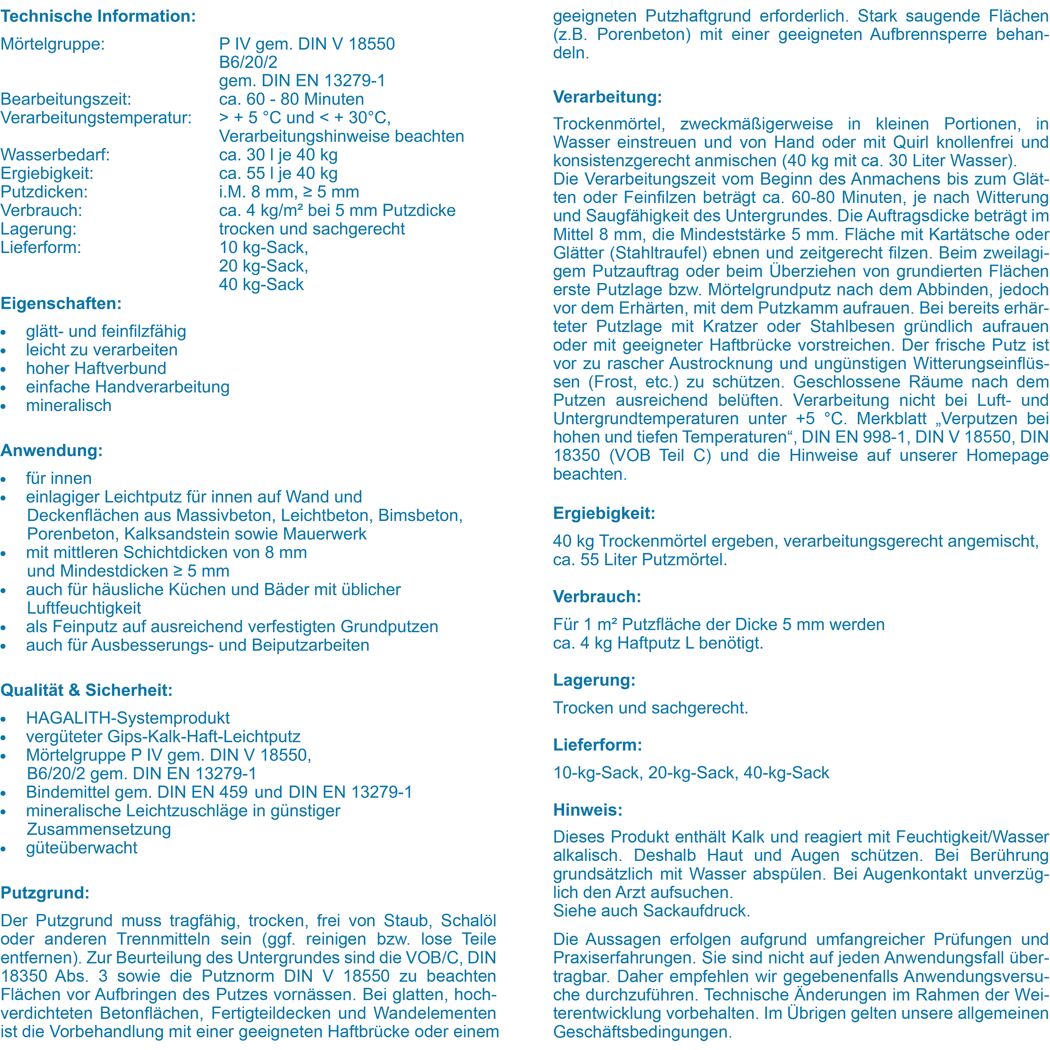 Produktinformation Hagalith Haftputz L