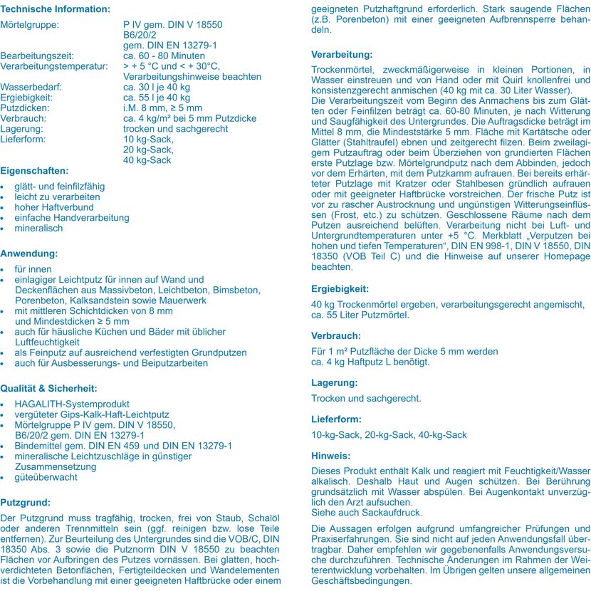 Produktinformation Hagalith Haftputz L