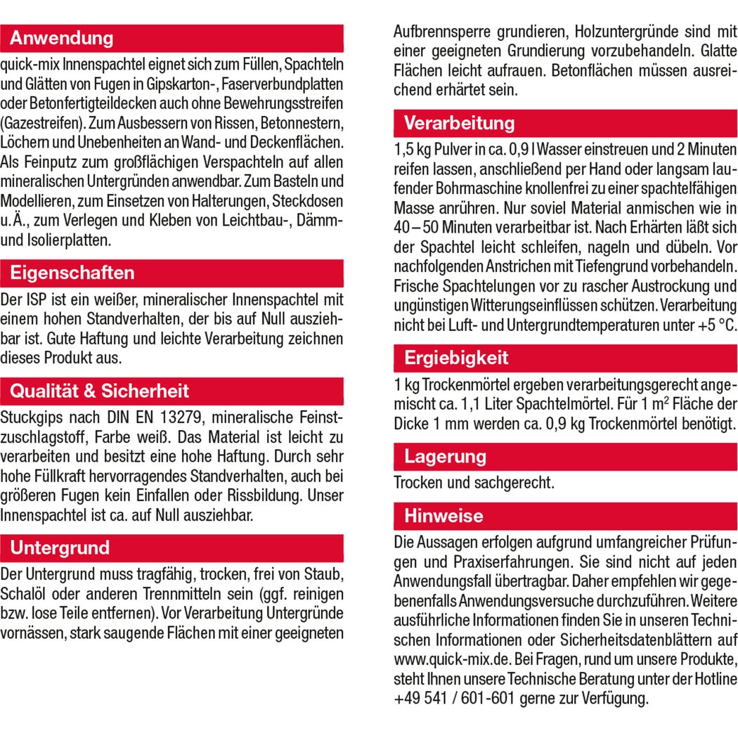 Produktbeschreibung für Quick-Mix Innenspachtel