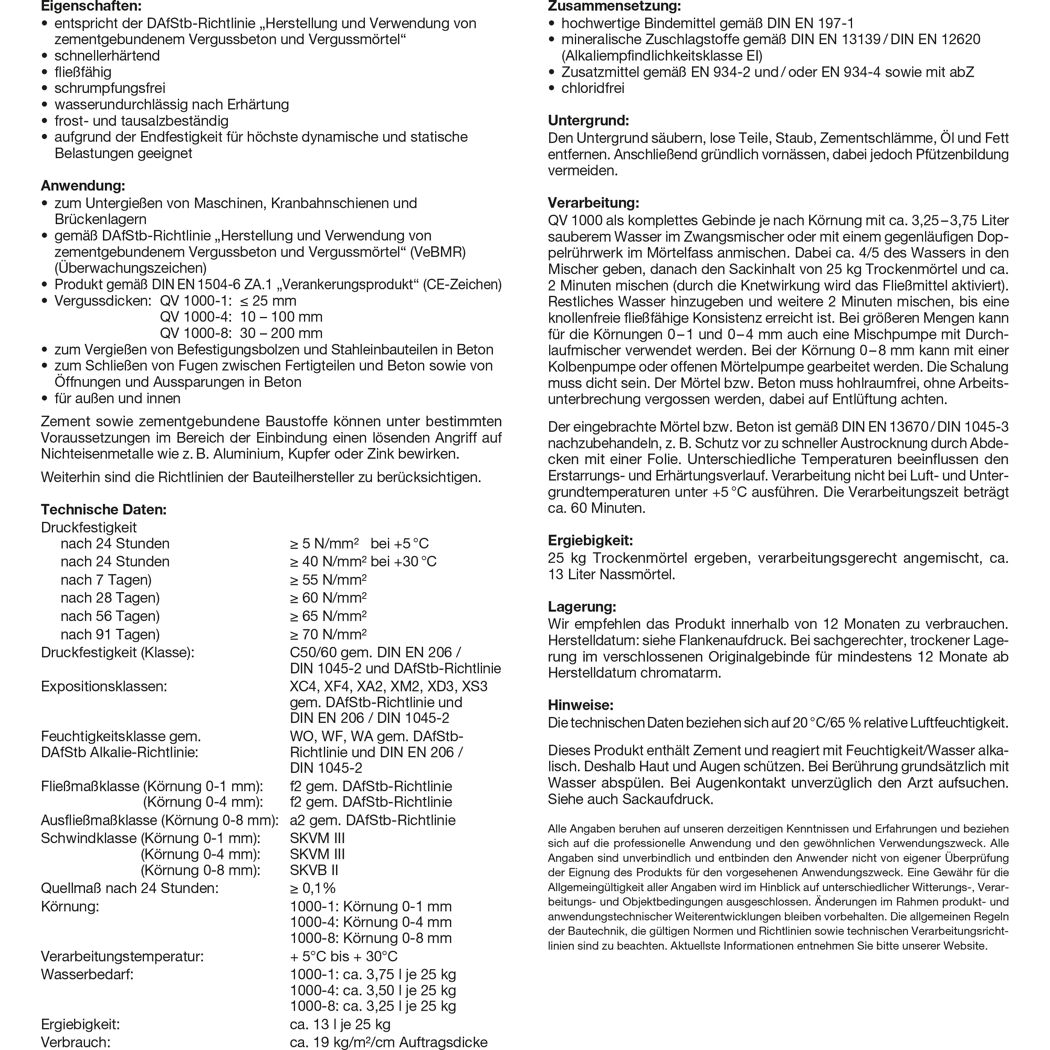 Produktbeschreibung Quellvergussmörtel 0-1 mm