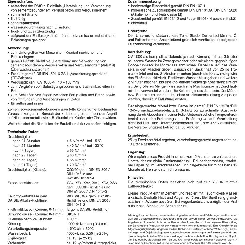 Produktinformation für Quellvergussmörtel