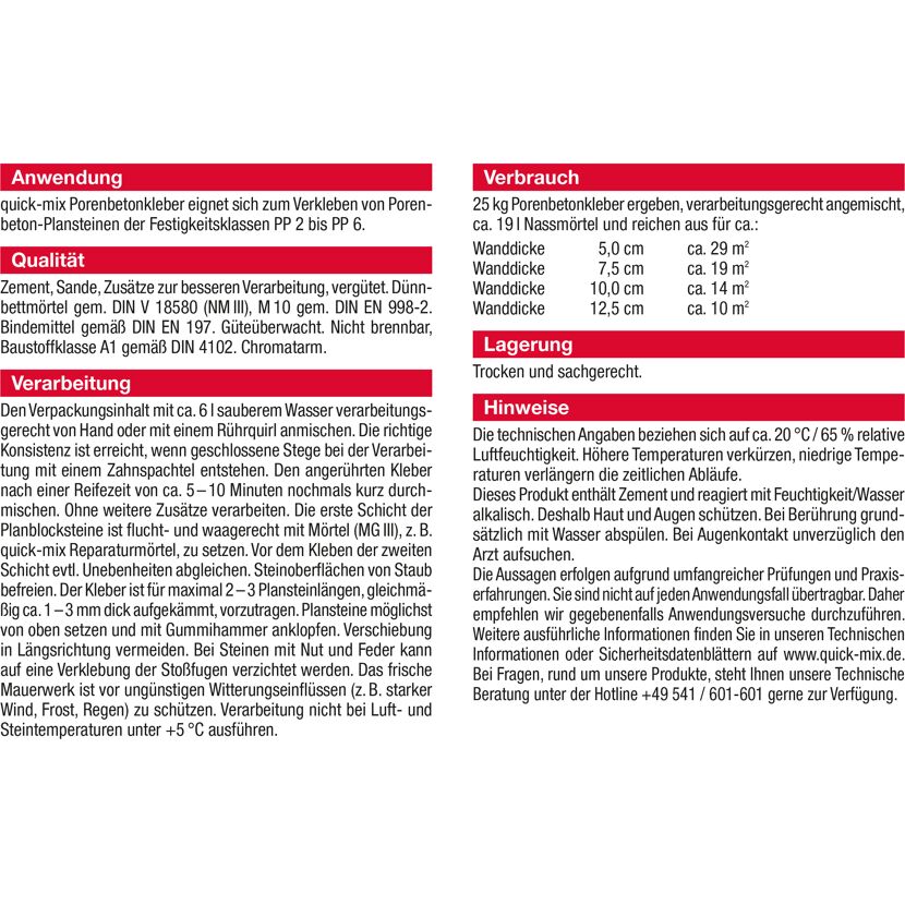 Gebrauchsanweisung für quick-mix Porenbetonkleber