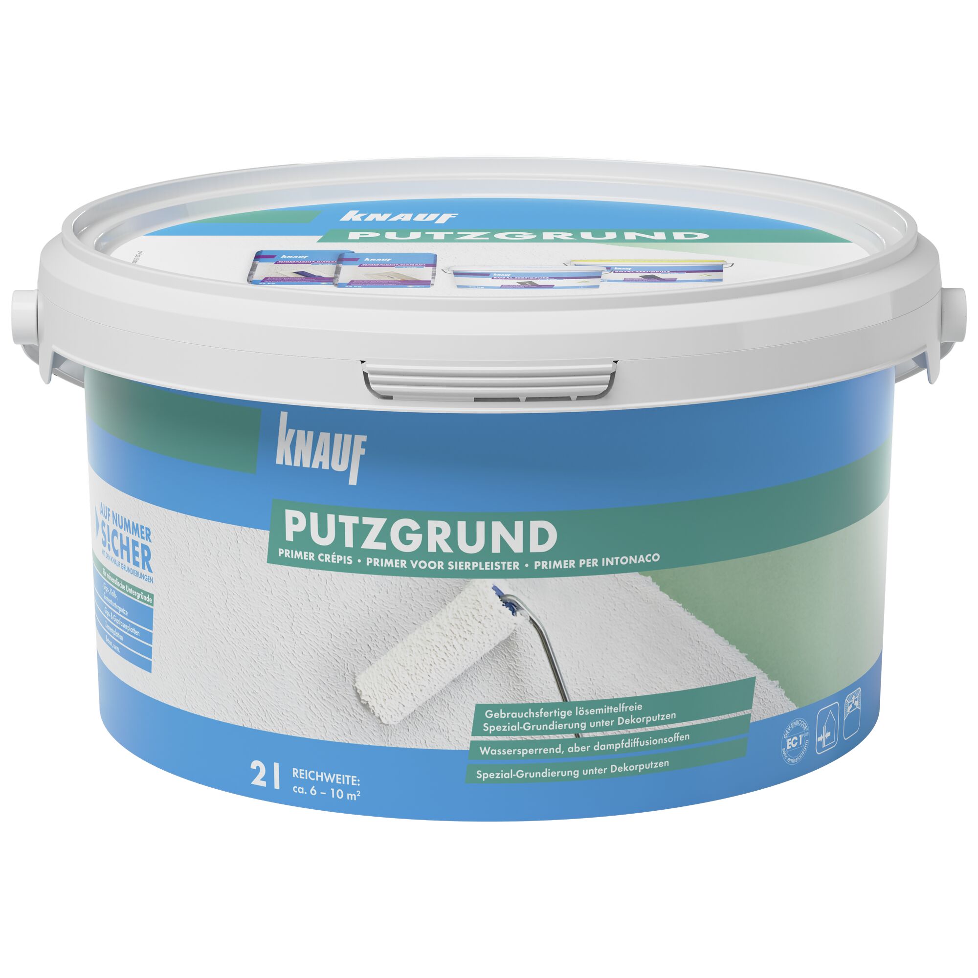 Knauf Putzgrund, 2 l Eimer, weiße Farbrolle