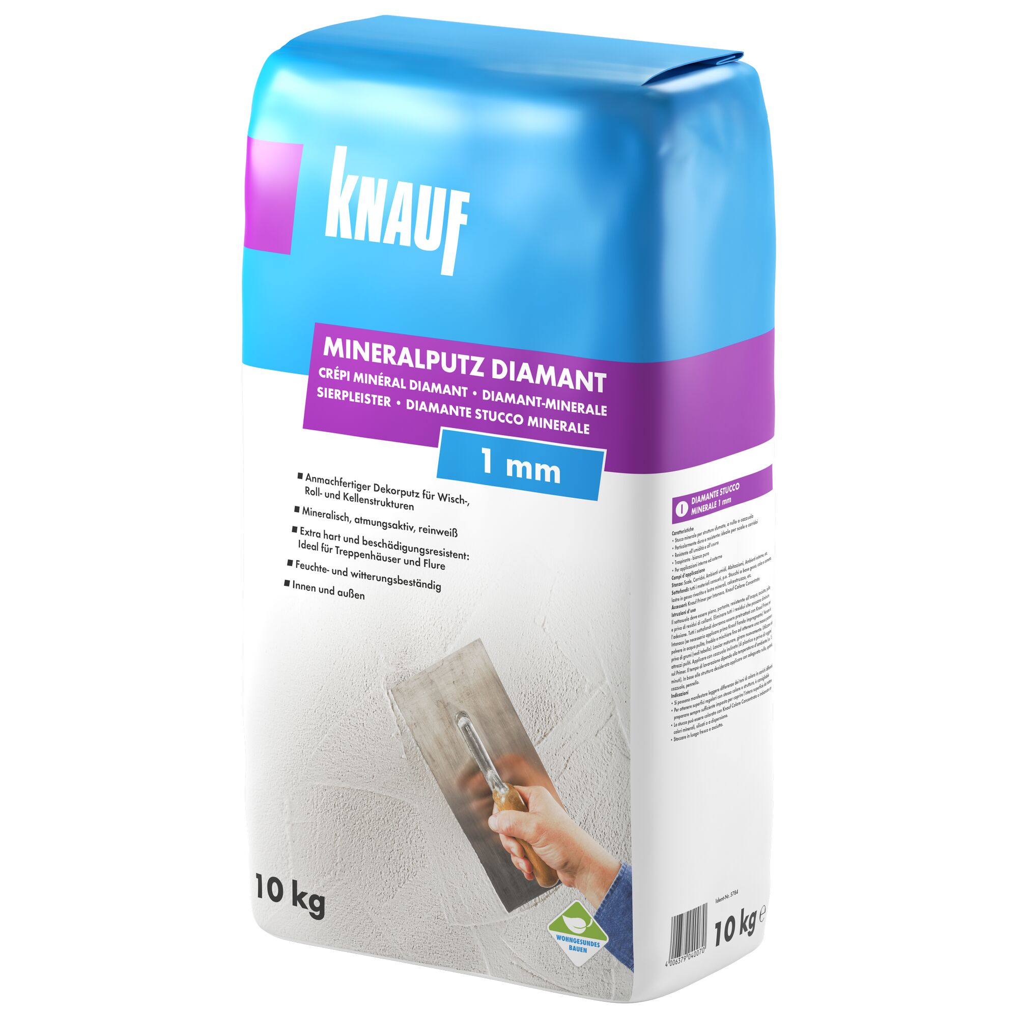 Knauf Mineralputz Diamant, 10 kg Sack, Person trägt Putz mit Kelle auf