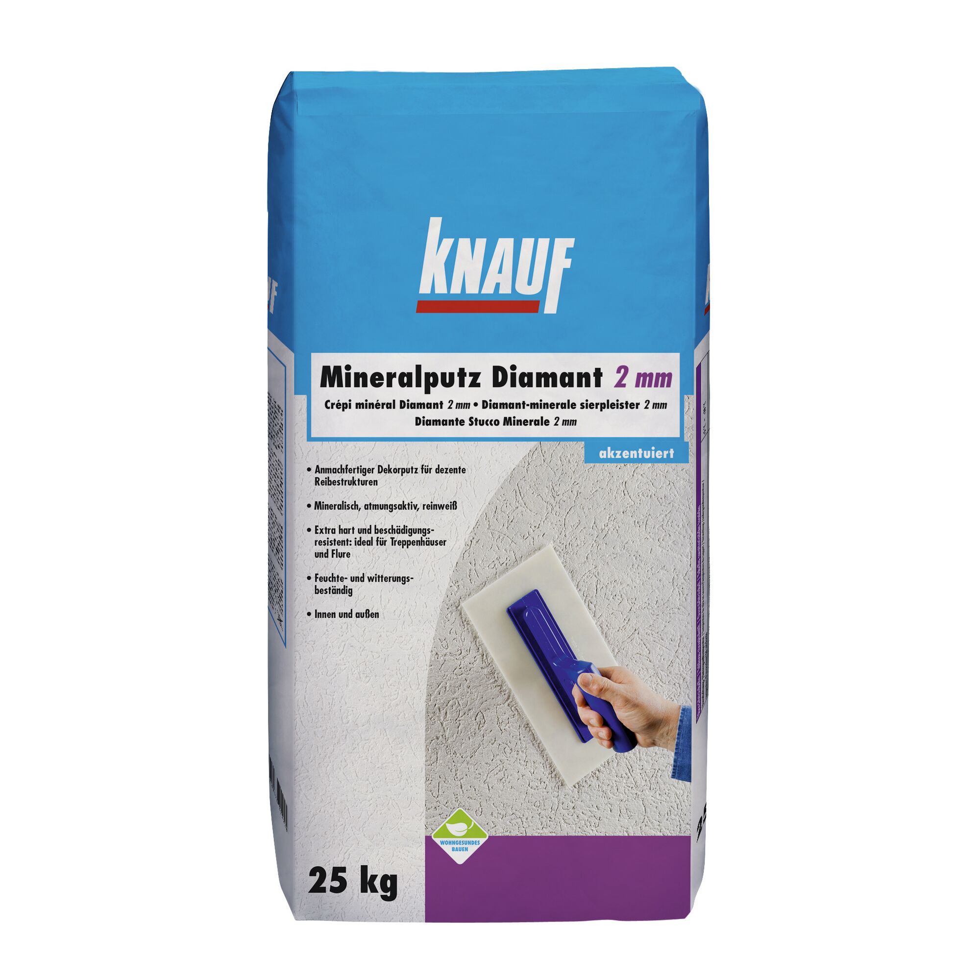 Knauf Mineralputz Diamant 2 mm, 25 kg Sack. Eine Person trägt den Putz mit einer Kelle auf.
