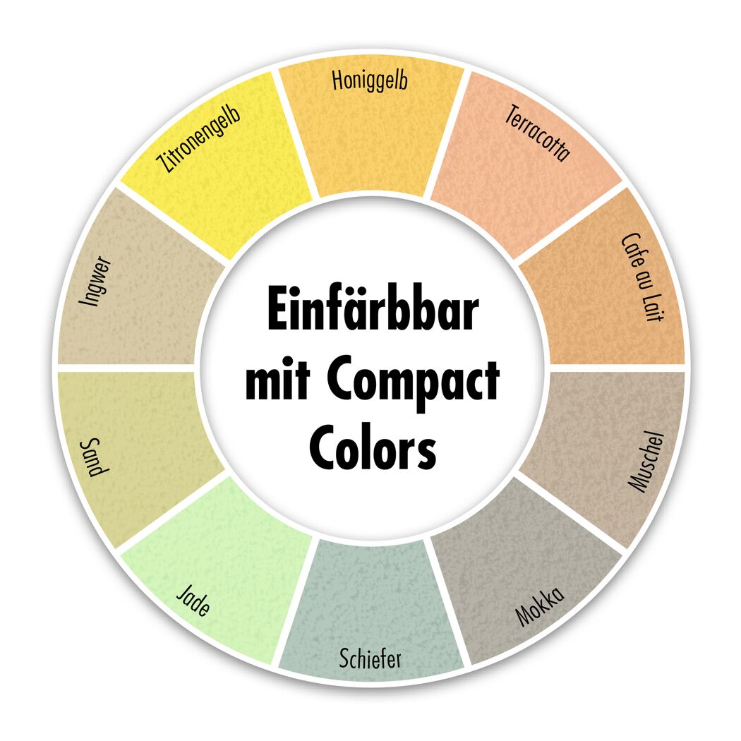 Farbpalette Compact Colors: Zitronengelb, Honiggelb, Terracotta, Cafe au Lait, Muschel, Mokka, Schiefer, Jade, Sand, Ingwer