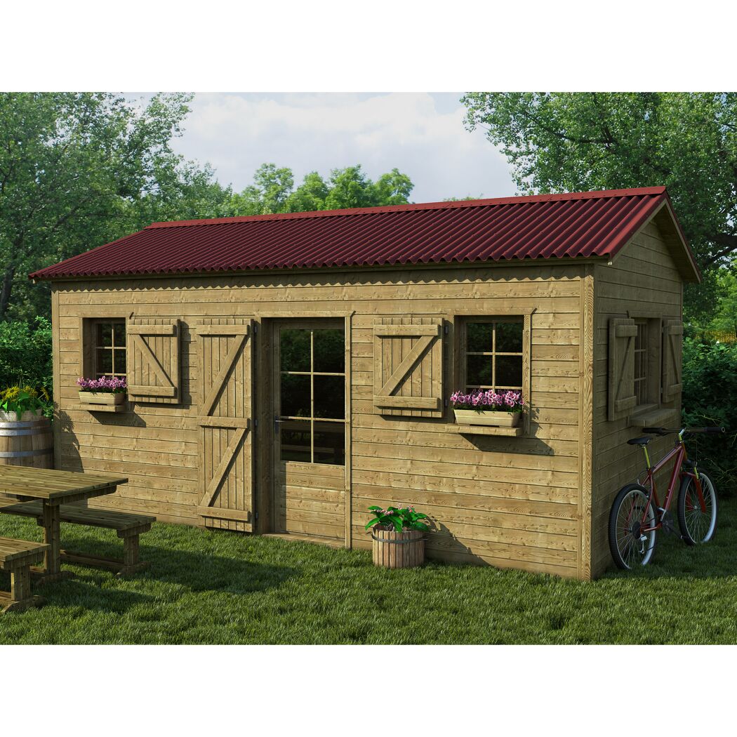 Gartenhaus aus Holz mit rotem Dach
