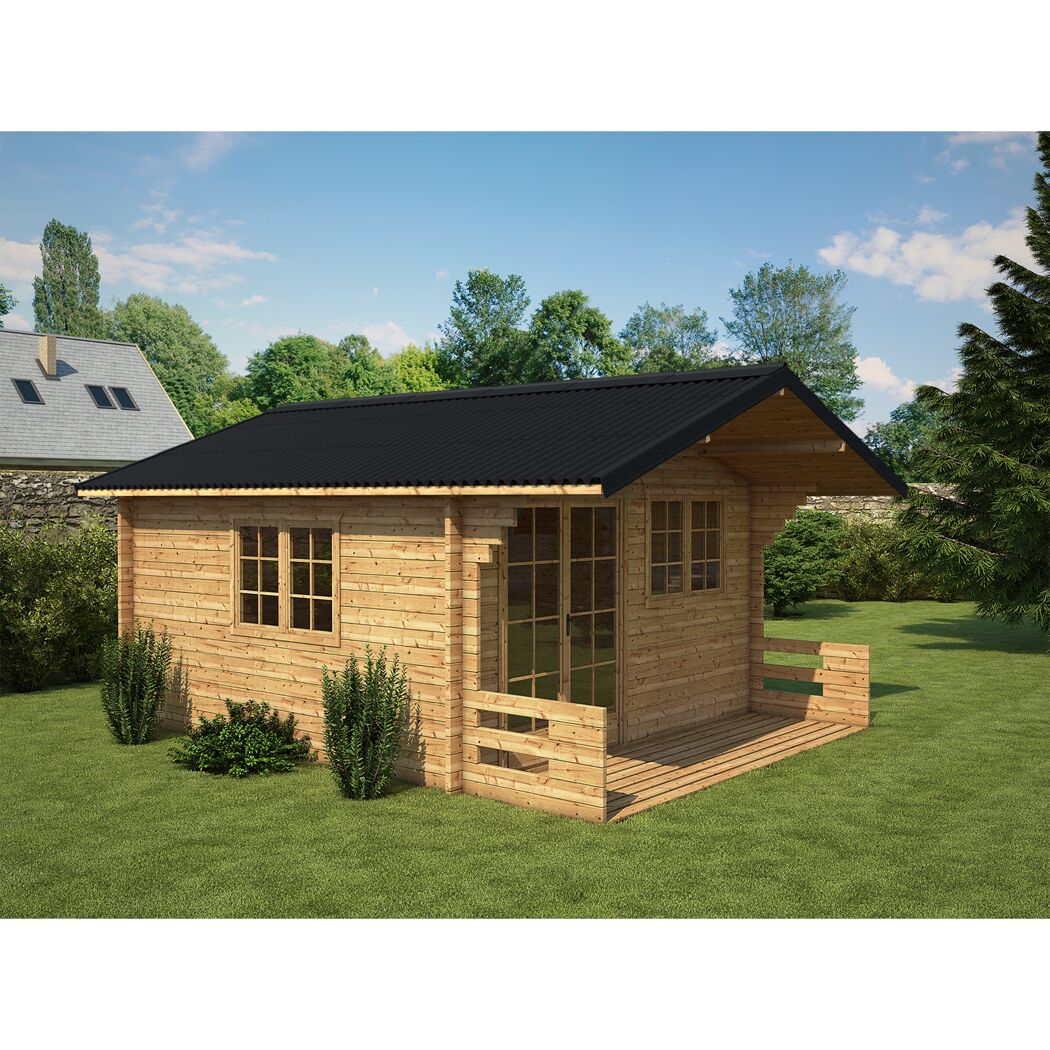 Gartenhaus aus Holz mit schwarzem Dach