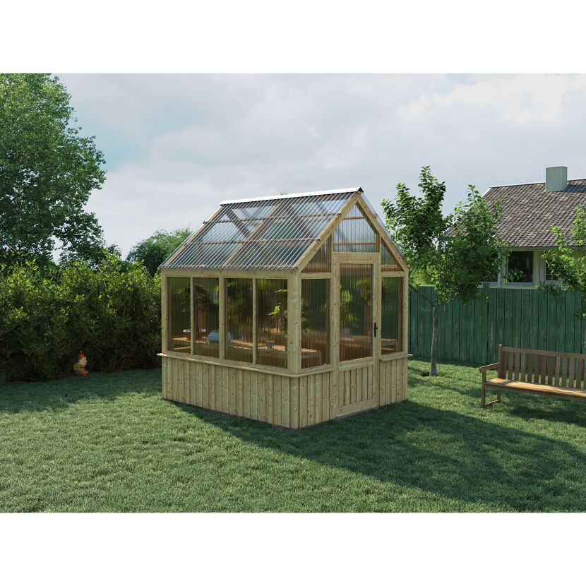 Kleines Gewächshaus aus Holz im Garten