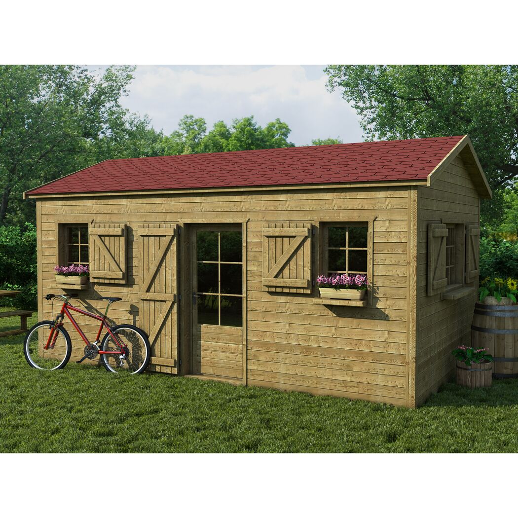 Gartenhaus aus Holz mit rotem Dach