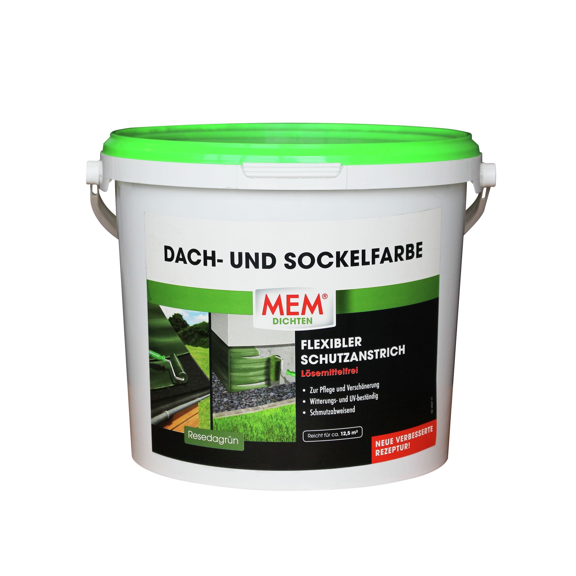 Eimer Dach- und Sockelfarbe Resedagrün mit Farbrolle