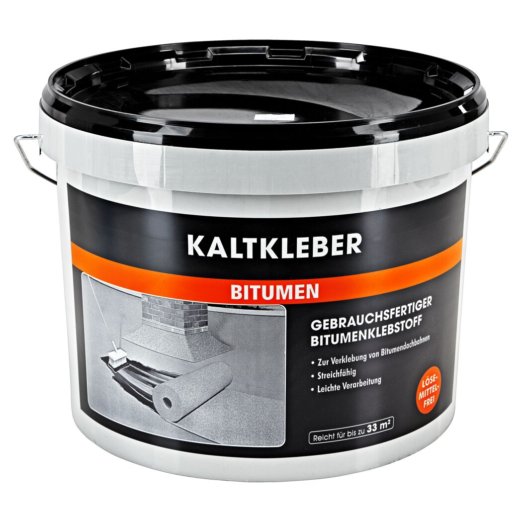 Eimer Bitumen-Kaltkleber mit Pinsel und Rolle
