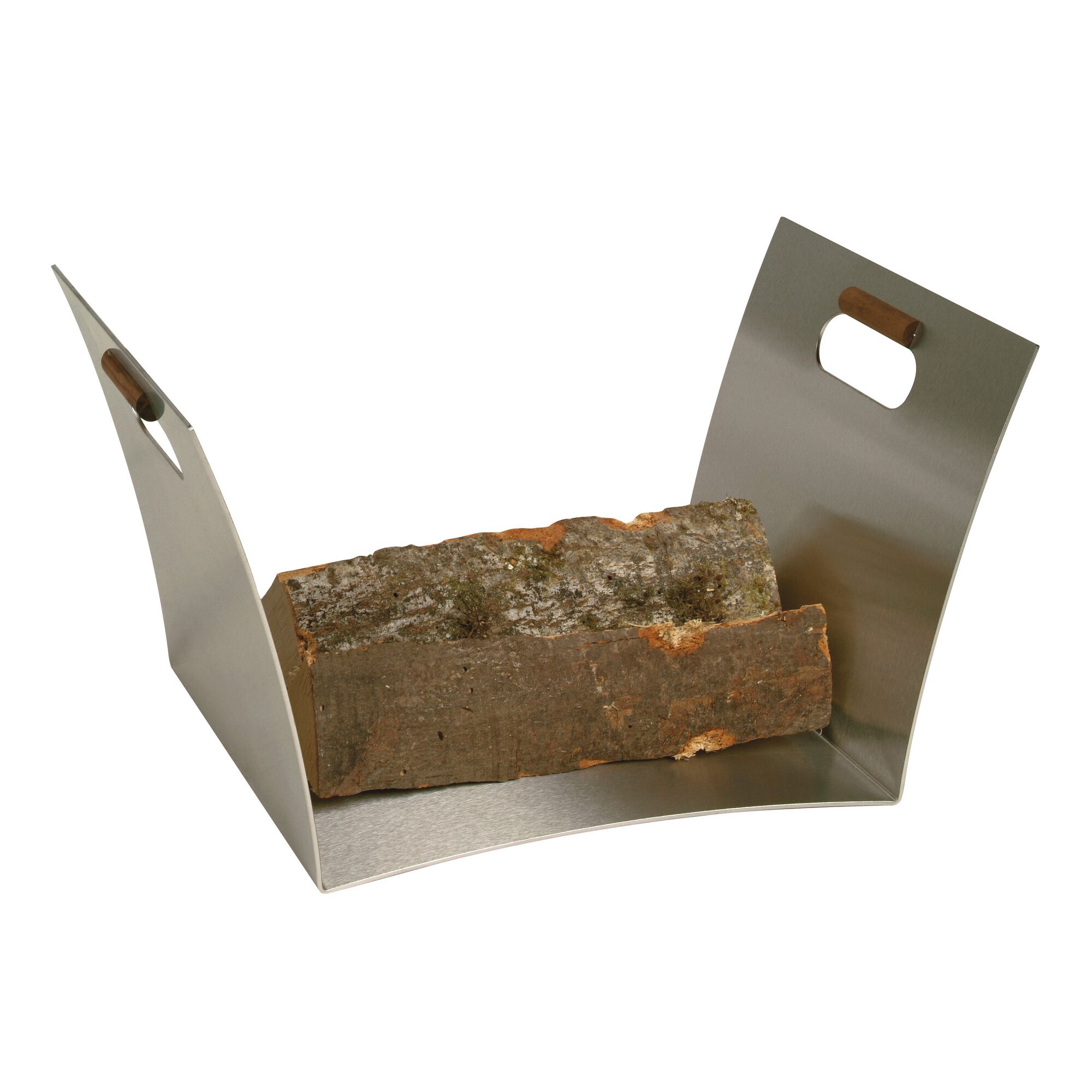 Metallener Holzkorb mit Holzscheit und Holzgriffen