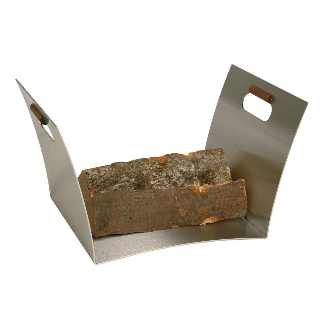 Metallener Holzkorb mit Holzscheit und Holzgriffen