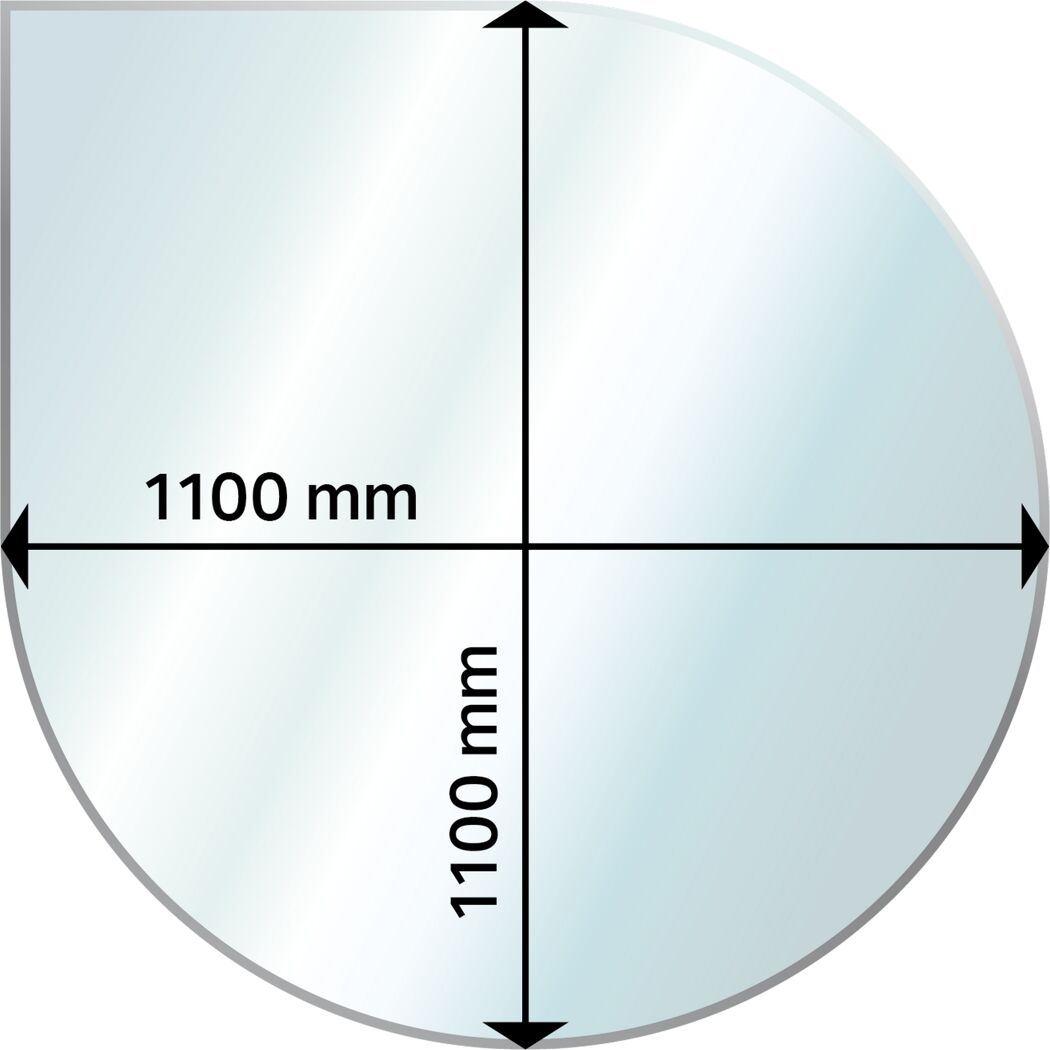 Tropfenförmige Glasplatte mit den Maßen 1100 x 1100 mm