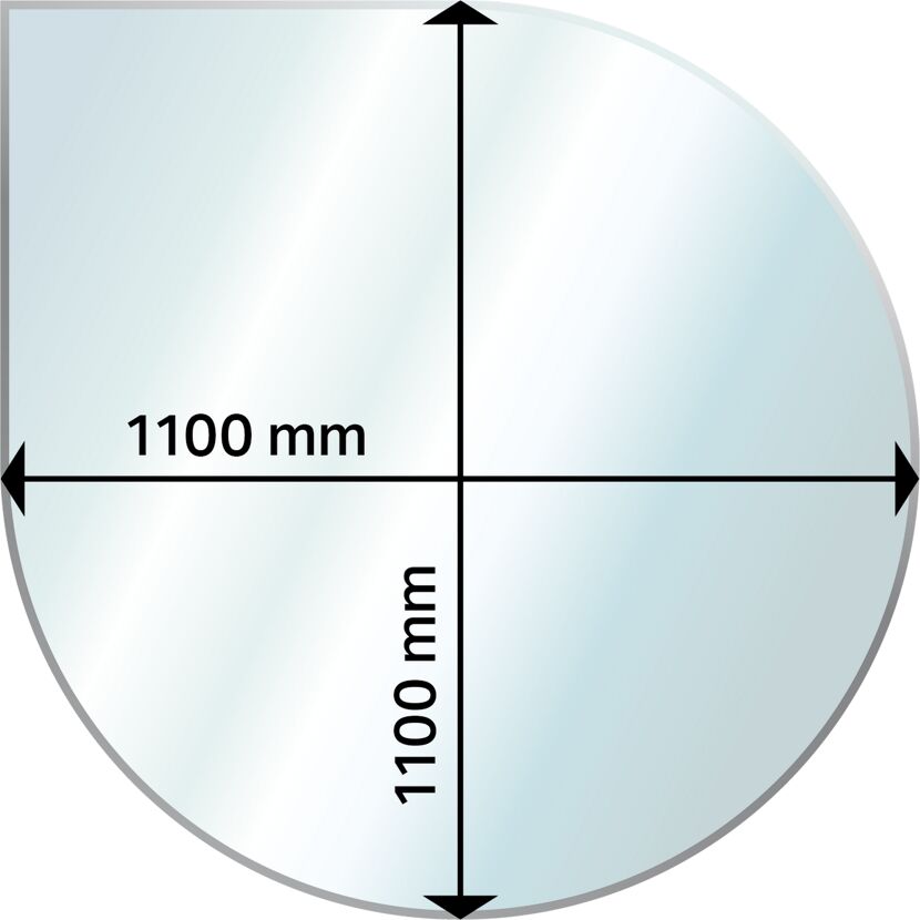 Tropfenförmige Glasplatte mit den Maßen 1100 x 1100 mm