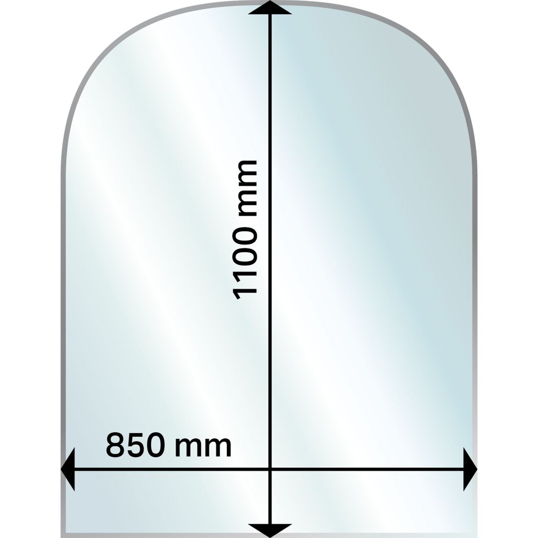 Halbrunde Bodenplatte aus Glas mit den Maßen 850 x 1100 mm