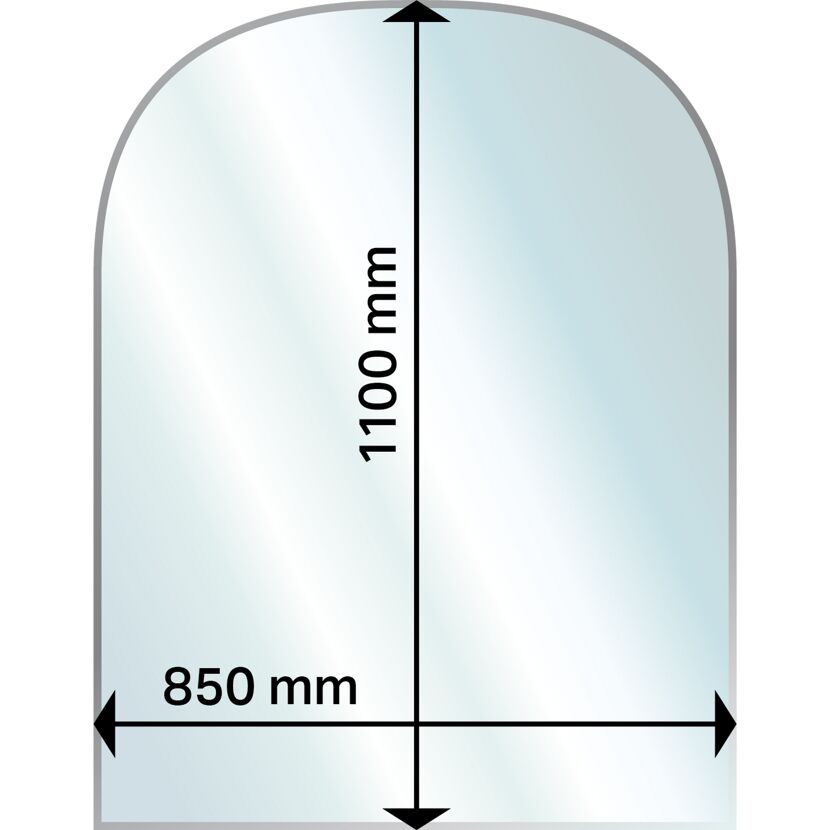 Halbrunde Bodenplatte aus Glas mit den Maßen 850 x 1100 mm