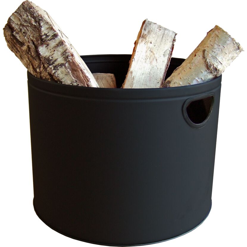 Schwarzer Ascheeimer mit drei Holzscheiten