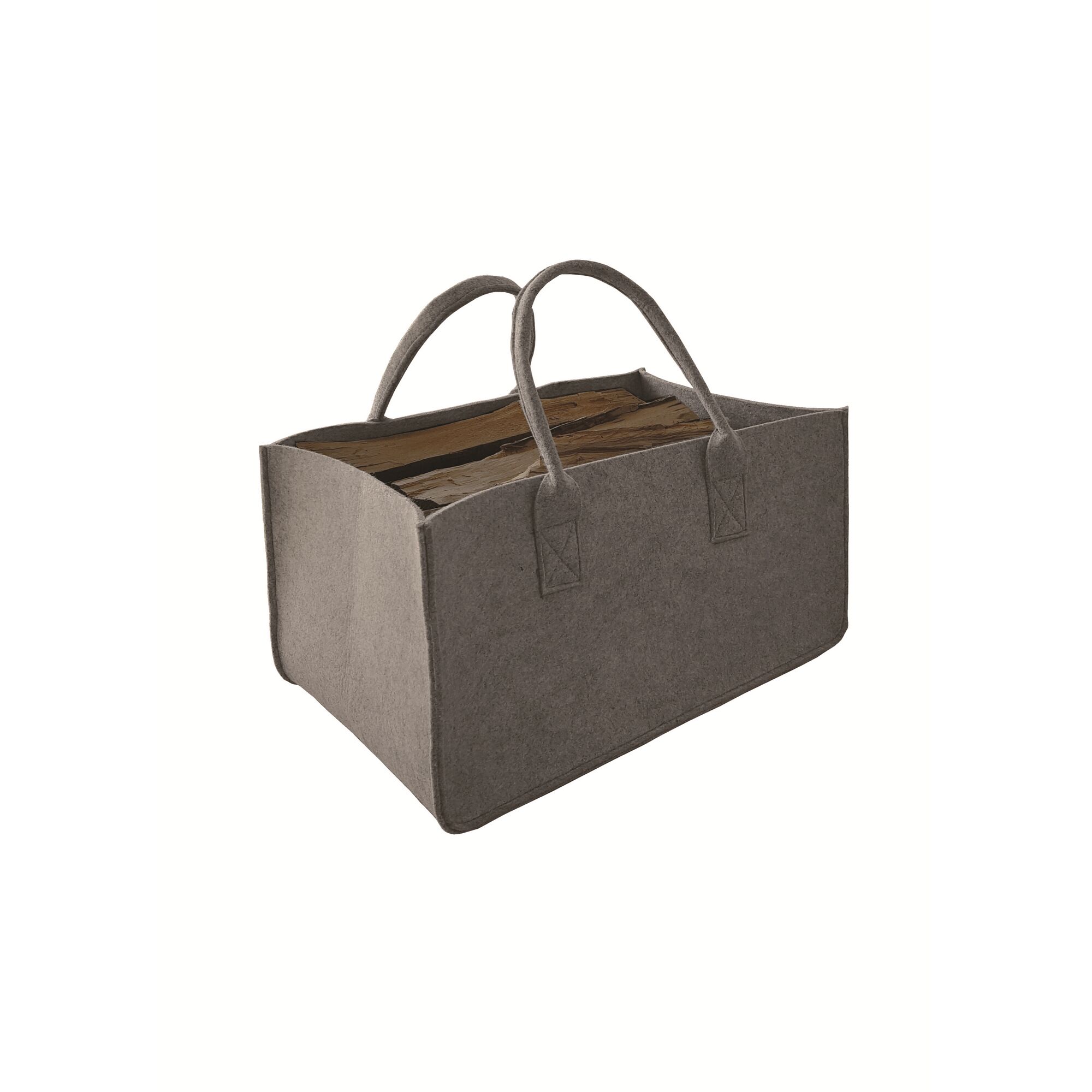 Graue Filztasche mit Brennholz gefüllt