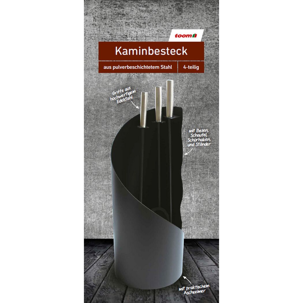Schwarzes Kaminbesteck, 4-teilig, mit Ständer.