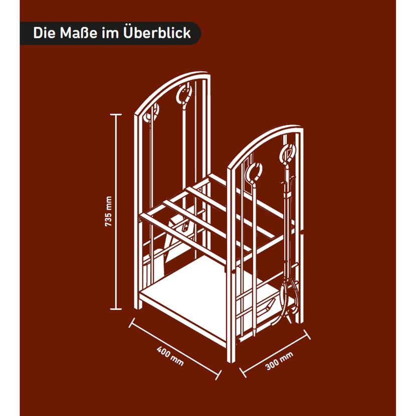 Kaminbesteck mit Holzfach und Maßen