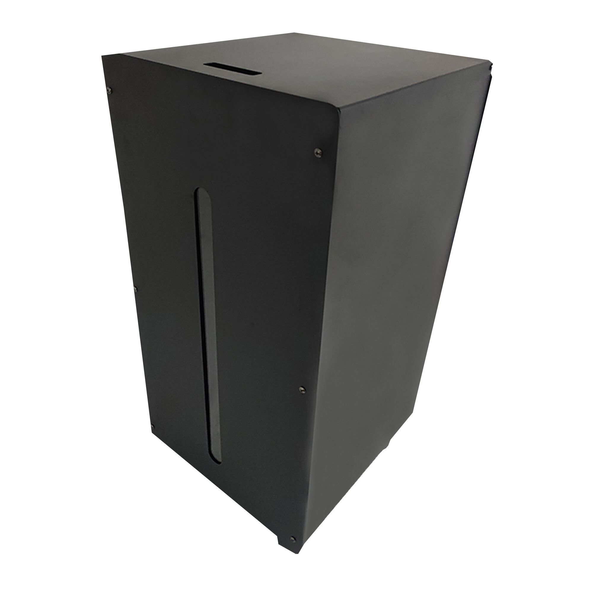 Schwarze Pelletbox mit Rollen und Schlitz.