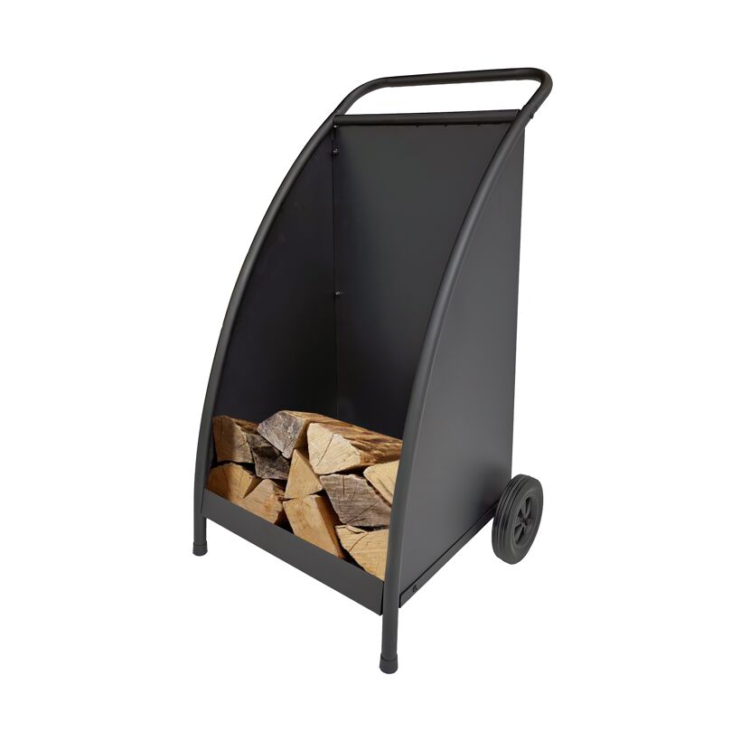 Schwarzer Holzwagen mit Brennholz
