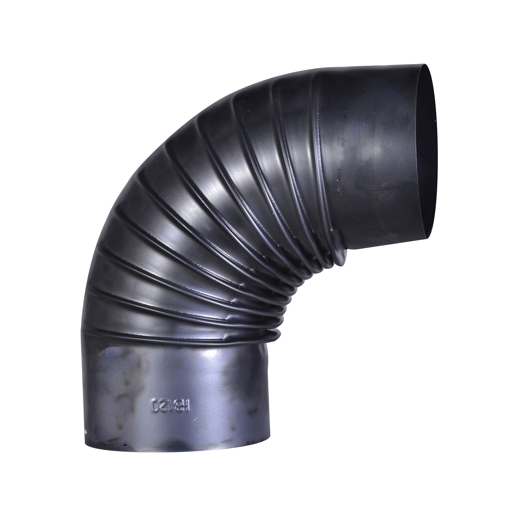 Blauglänzender Rohrbogen mit 90 Grad Winkel.