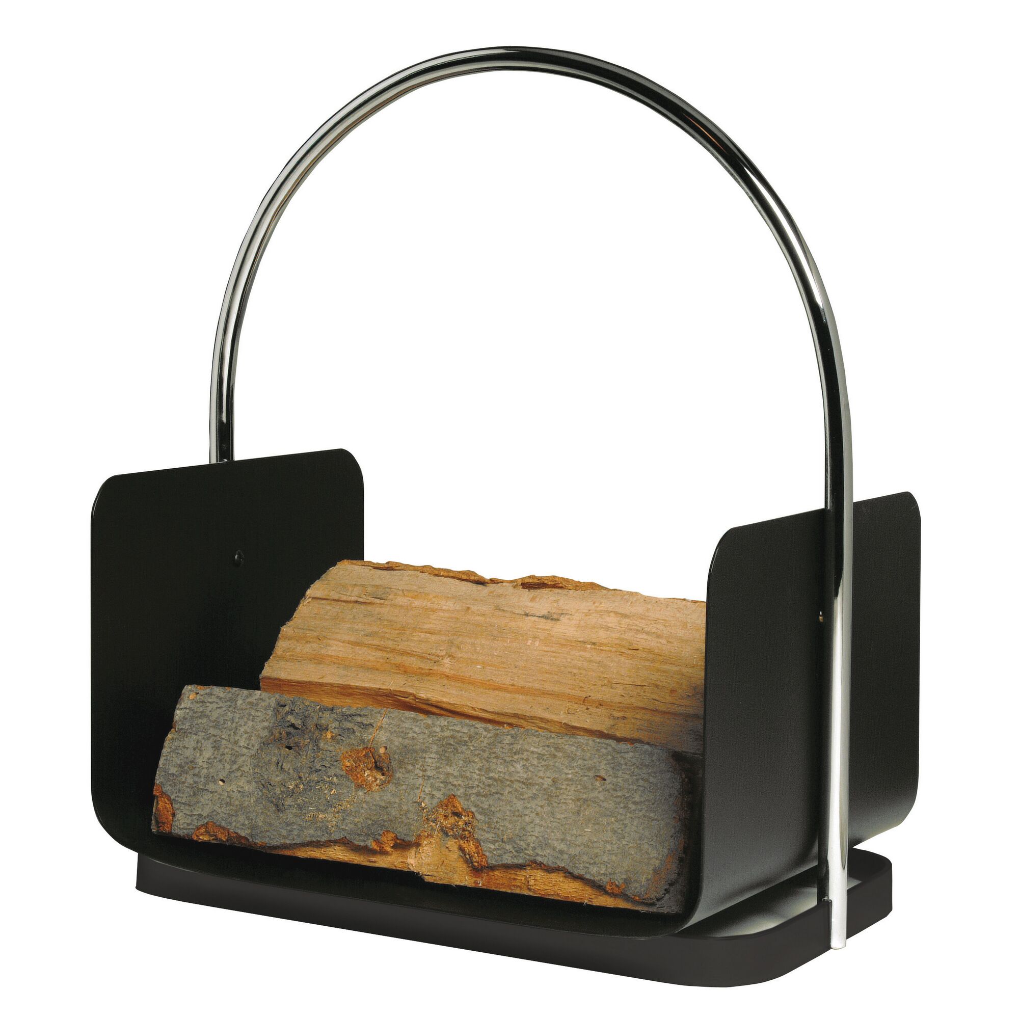 Schwarzer Kaminholzkorb mit Chrombügel und Holzscheiten