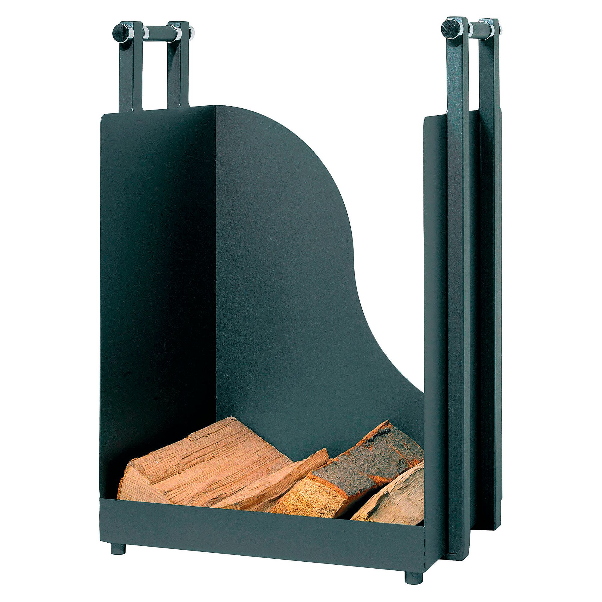 Schwarzer Kaminholzkorb mit Brennholz