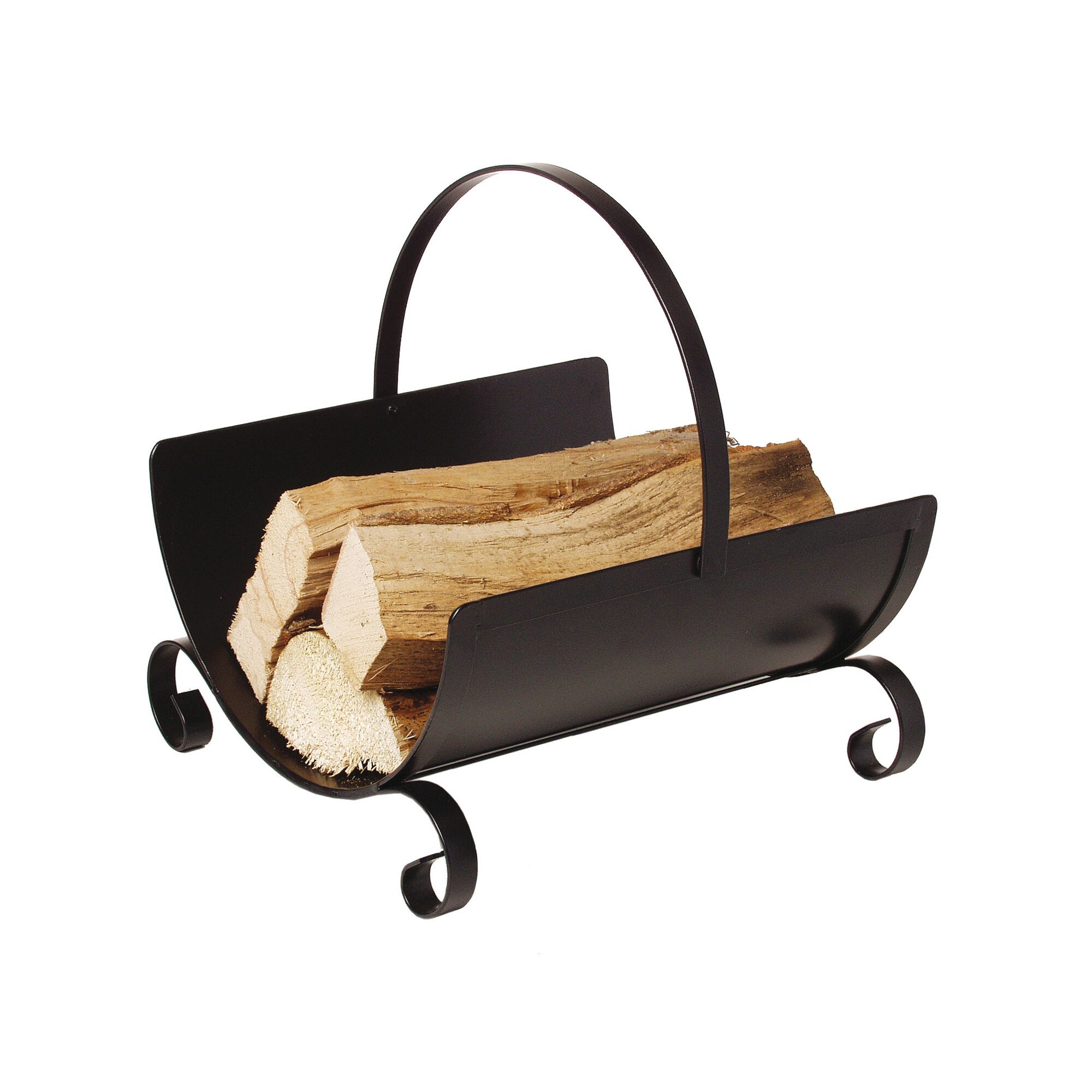 Schwarzer Kaminholzkorb mit Holzscheiten