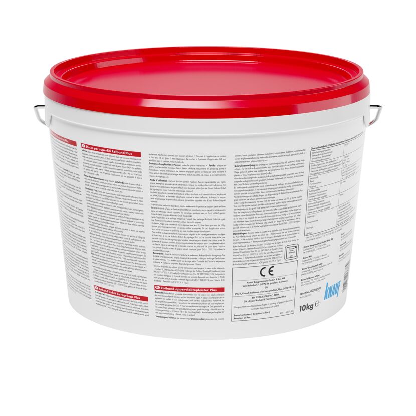 Weißer Eimer mit rotem Deckel, 10 kg Rotband Flächenspachtel Plus